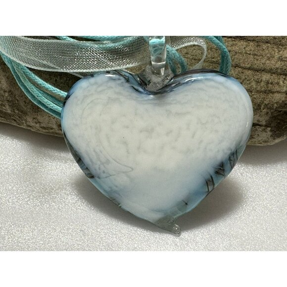 Puffed Heart Murano Glass Pendant Blue Swirl Black Outline Adjustable Chain - Picture 3 of 4